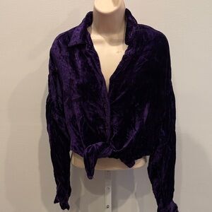 Vintage Velvet Button Down Shirt in Deep Purple Long Sleeve Top Women Size S Y2K